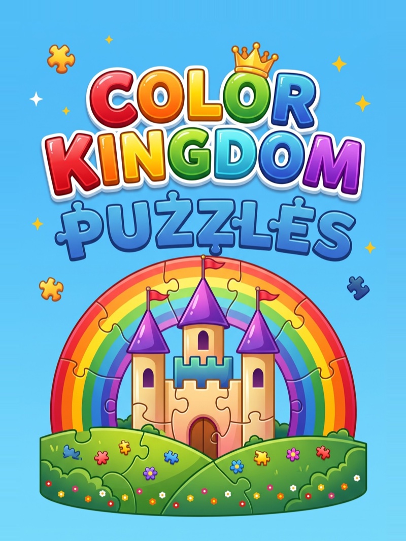 The Color Kingdom Puzzles logo over a castle and rainbow made of puzzle pieces