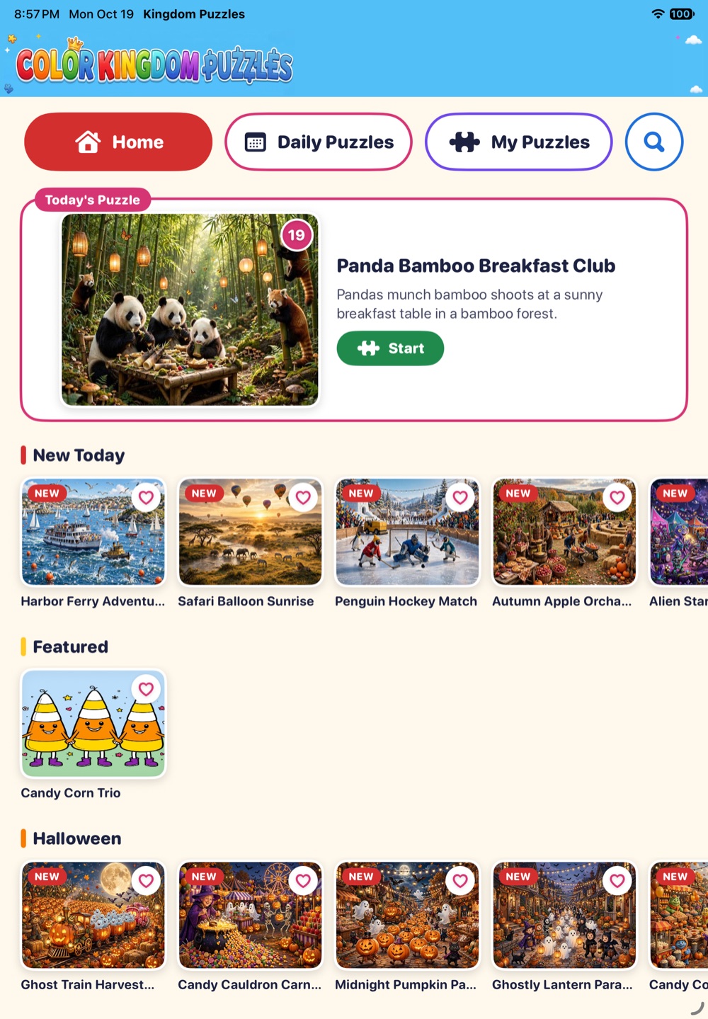 Color Kingdom Puzzles on iPad, with Today's Puzzle and rows of new pictures