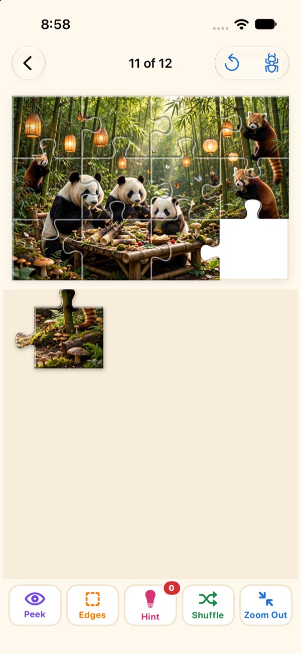 A nearly finished puzzle of pandas at a bamboo breakfast table, with one piece left