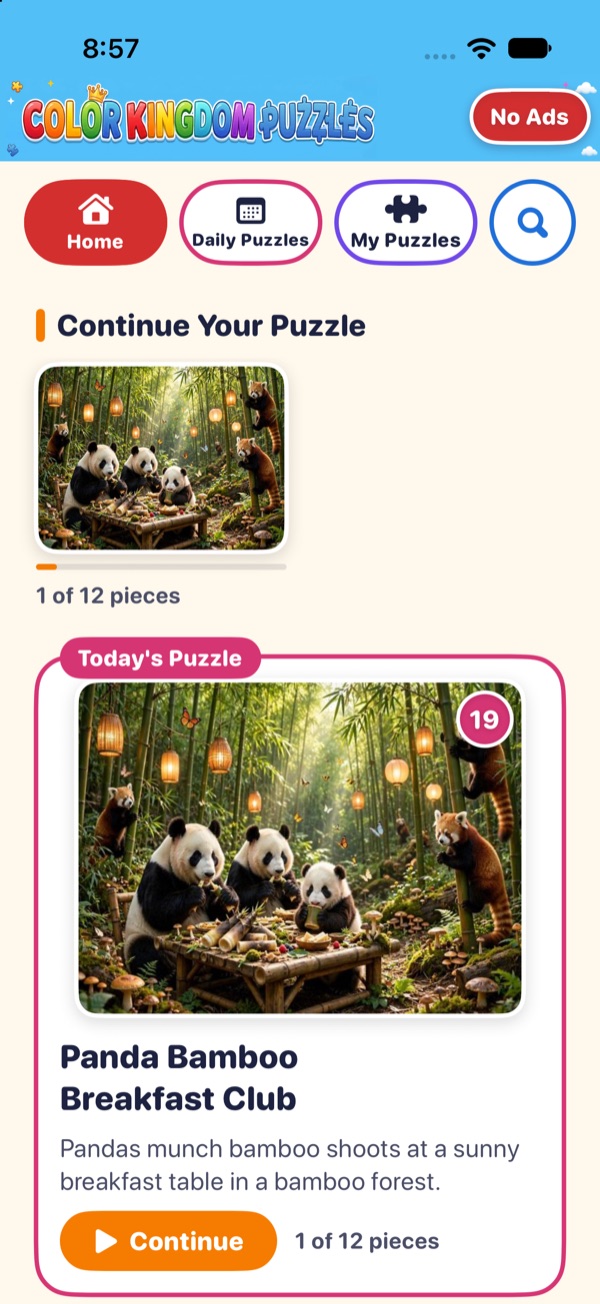 The home screen with Continue Your Puzzle and Today's Puzzle