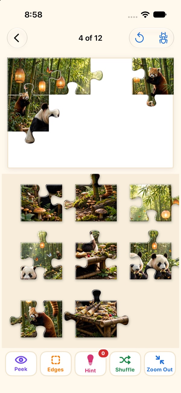 A puzzle in progress with pieces in the tray and the Peek, Edges, Hint, Shuffle and Zoom Out tools