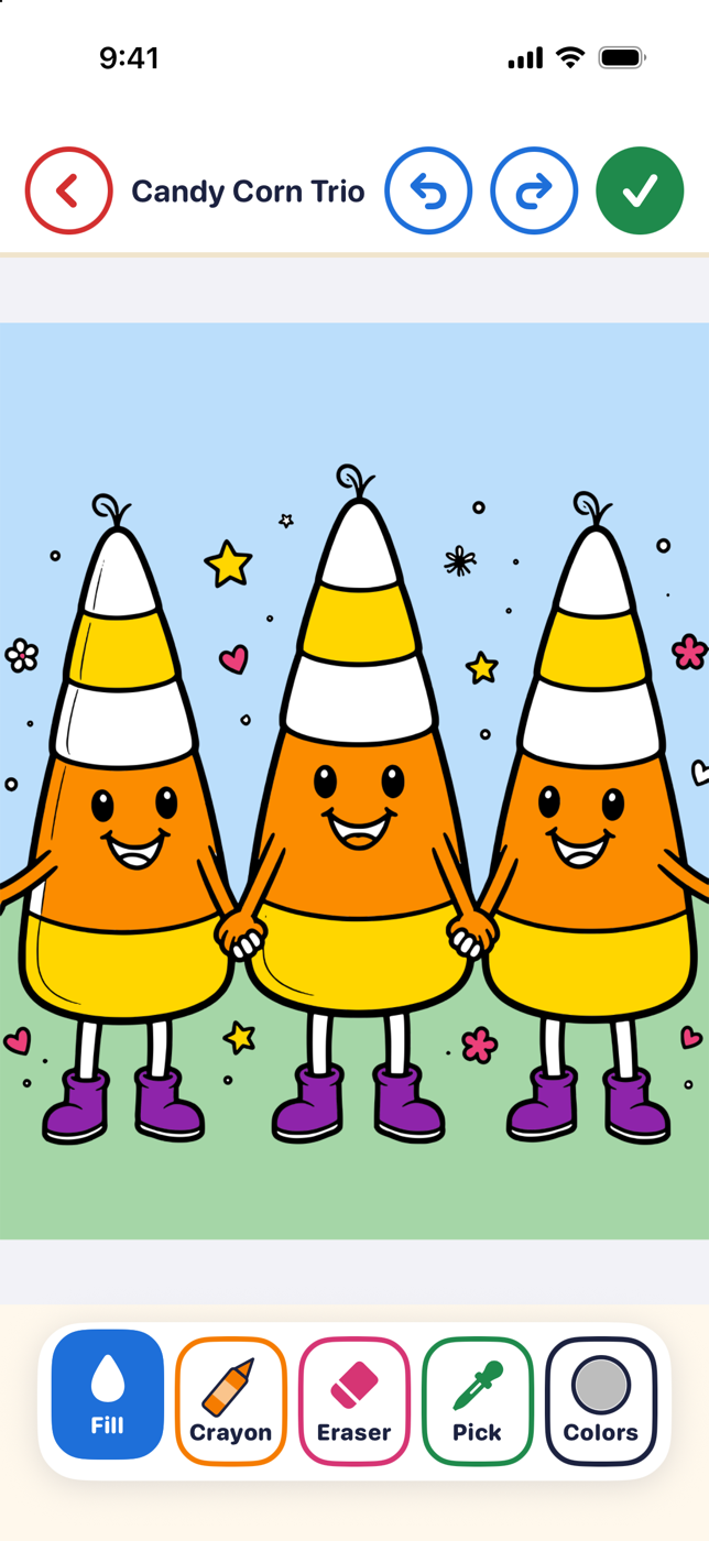 The Color Kingdom Coloring screen with a colored page and the Fill, Crayon, Eraser, Pick and Colors tools