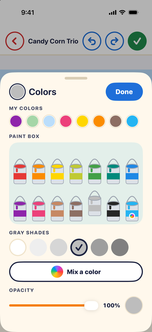 The Colors panel with paint cans, shades, Mix a color and an opacity slider