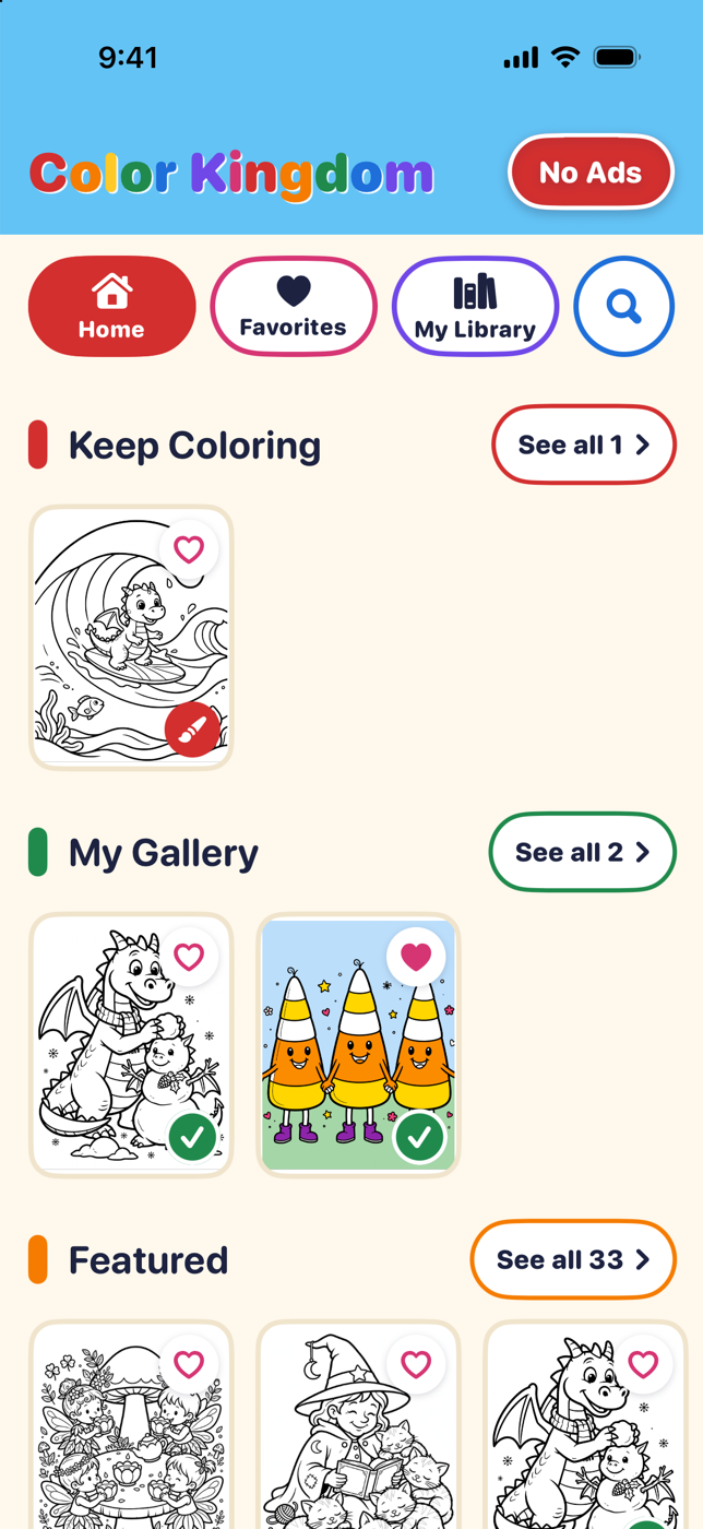 Color Kingdom Coloring home screen with Keep Coloring, My Gallery and Featured rows