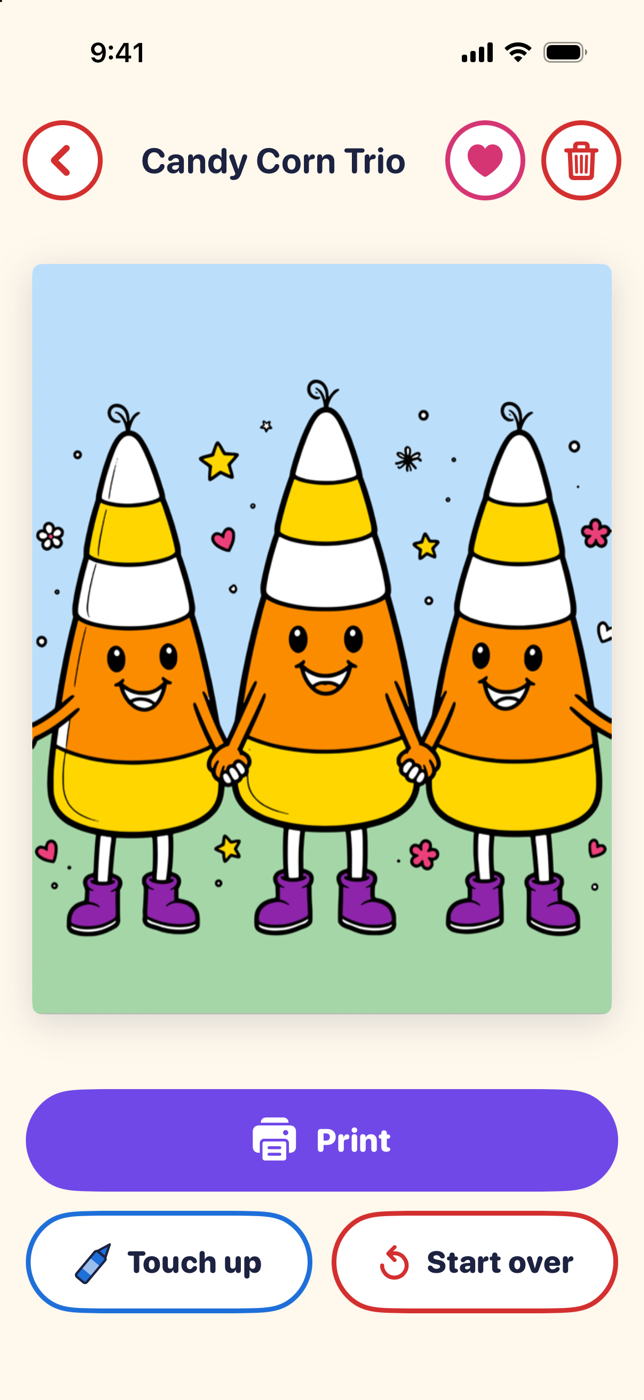 A finished coloring page with Print, Touch up and Start over buttons